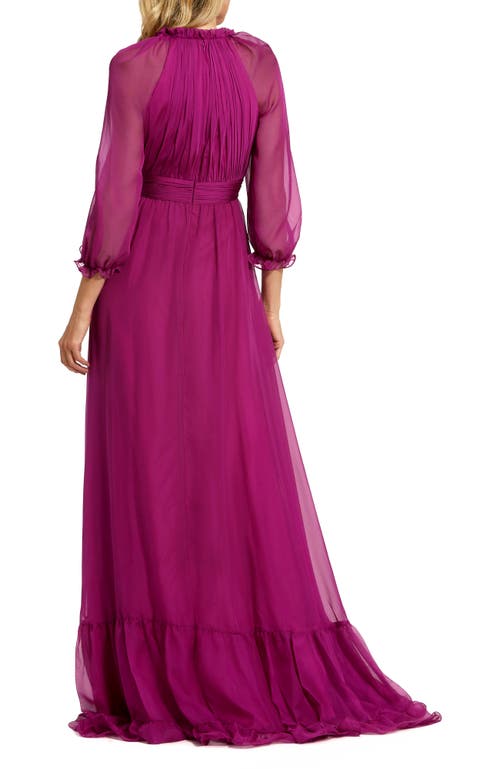 Mac Duggal Chiffon Ruffled High Neck Raglan Sleeves Evening Gown In Purple