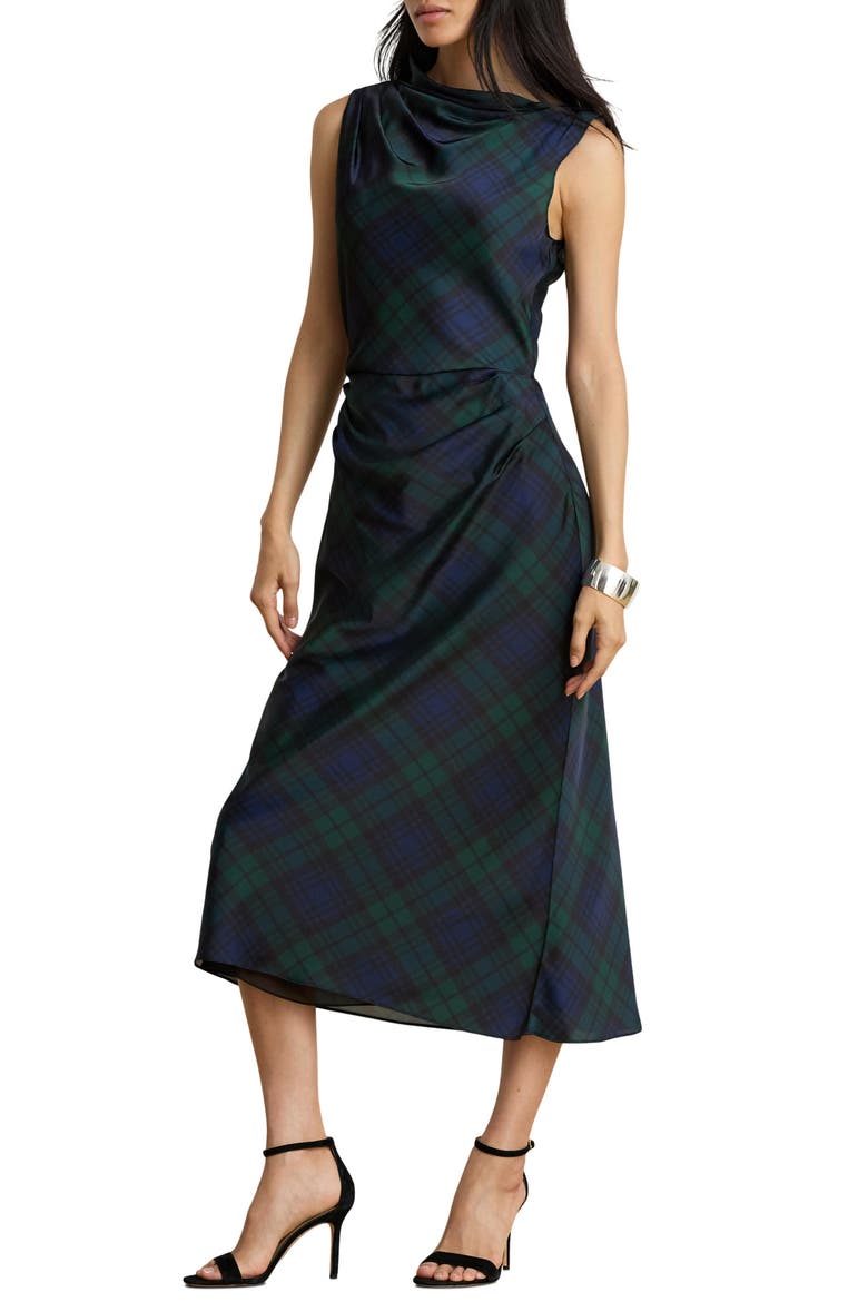 Plaid Satin Charmeuse Sheath Dress, Main, color, NAVY BLUE