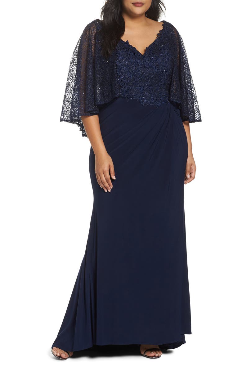 Mac Duggal Beaded Lace Capelet Column Gown, Main, color,