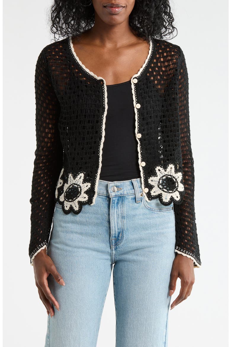 Scallop Trim Crochet Sweater, Main, color, BLACK/ IVORY