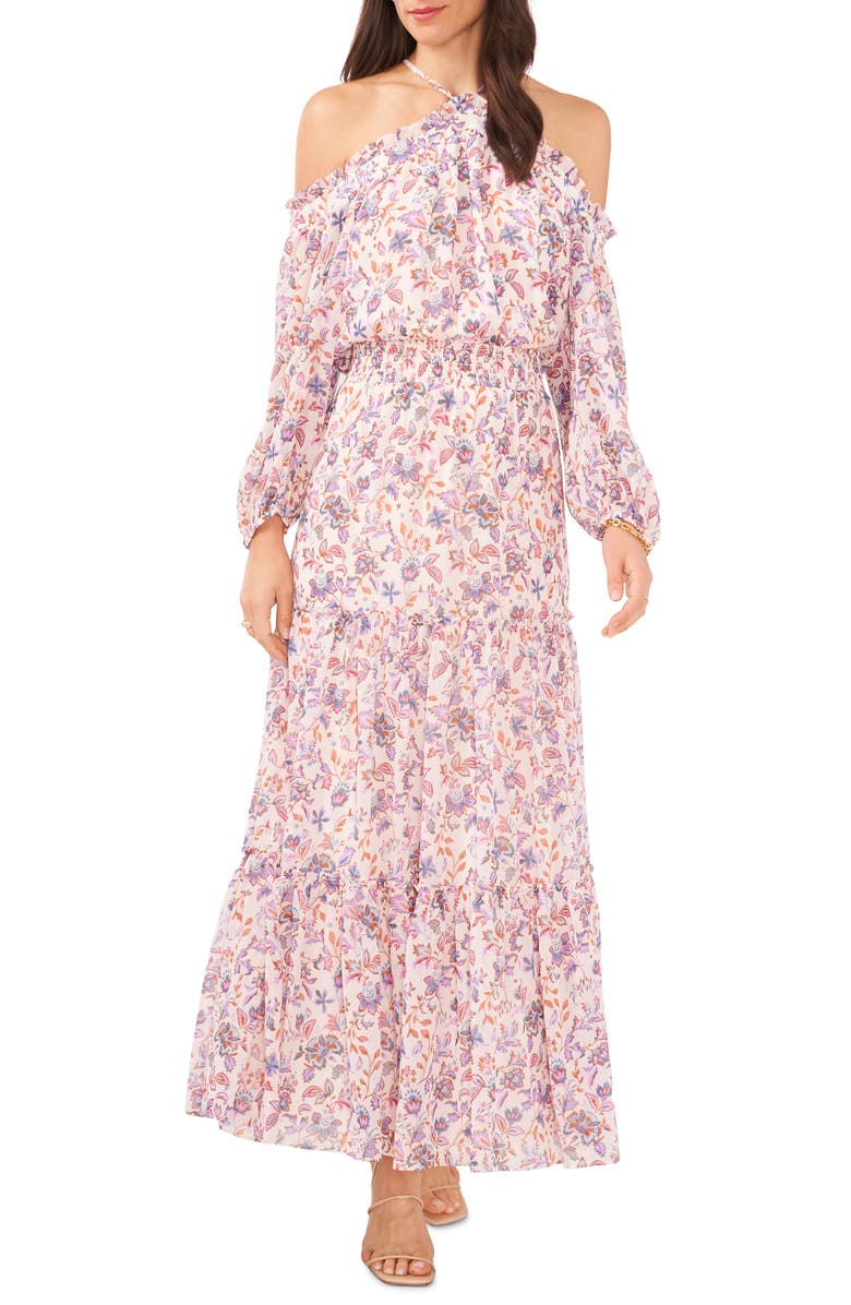 1.STATE Halter Neck Cold Shoulder Long Sleeve Maxi Dress, Main, color,