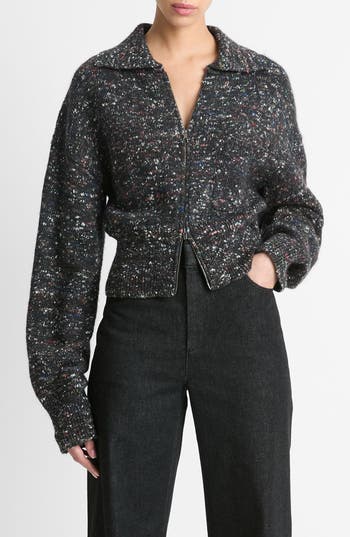 VINCE VINCE DONEGAL FRONT ZIP WOOL & SILK SWEATER