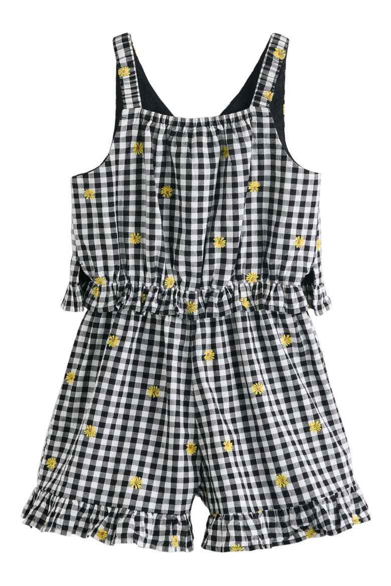 Kids' Gingham Ruffle Embroidered Cotton Romper, Main, color, BLACK MULTI