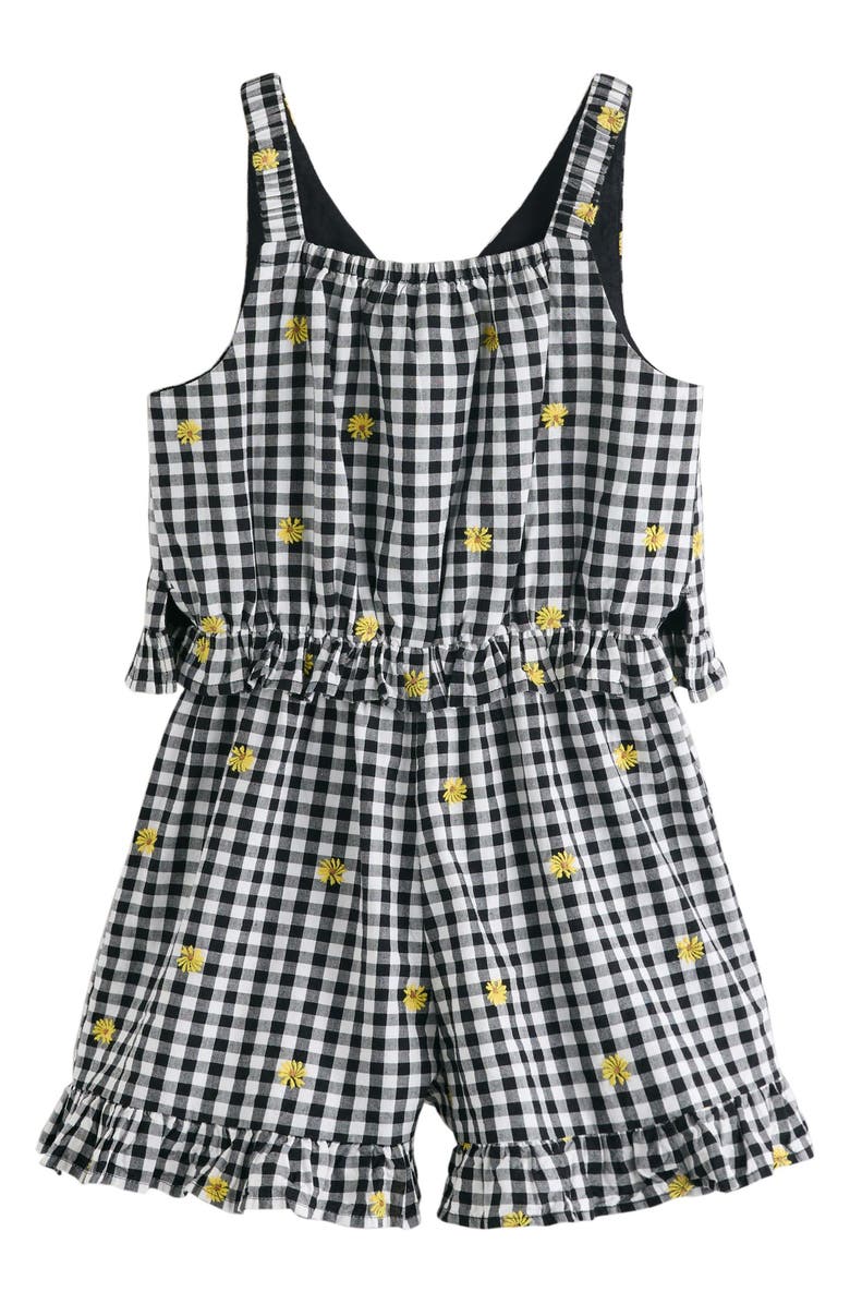 NEXT Kids' Gingham Ruffle Embroidered Cotton Romper, Main, color, Black Multi
