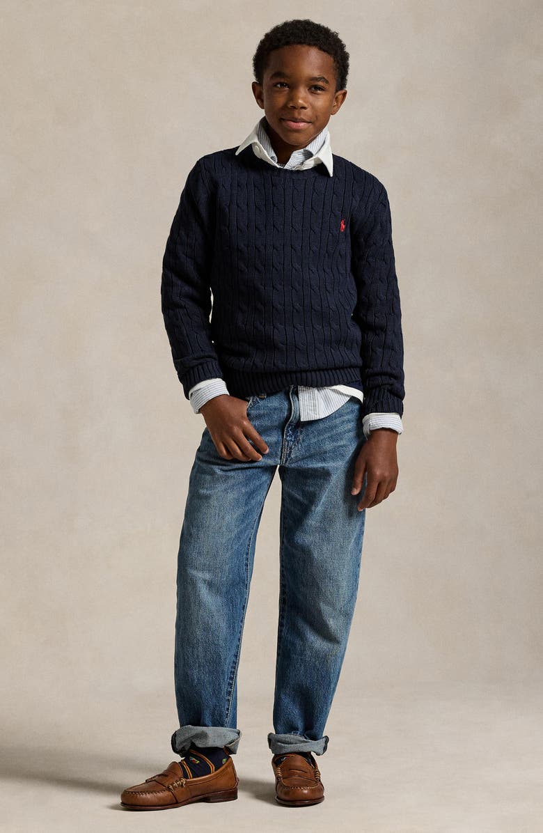 Polo Ralph Lauren Kids' Cabled Cotton Crewneck Sweater, Alternate, color, Navy
