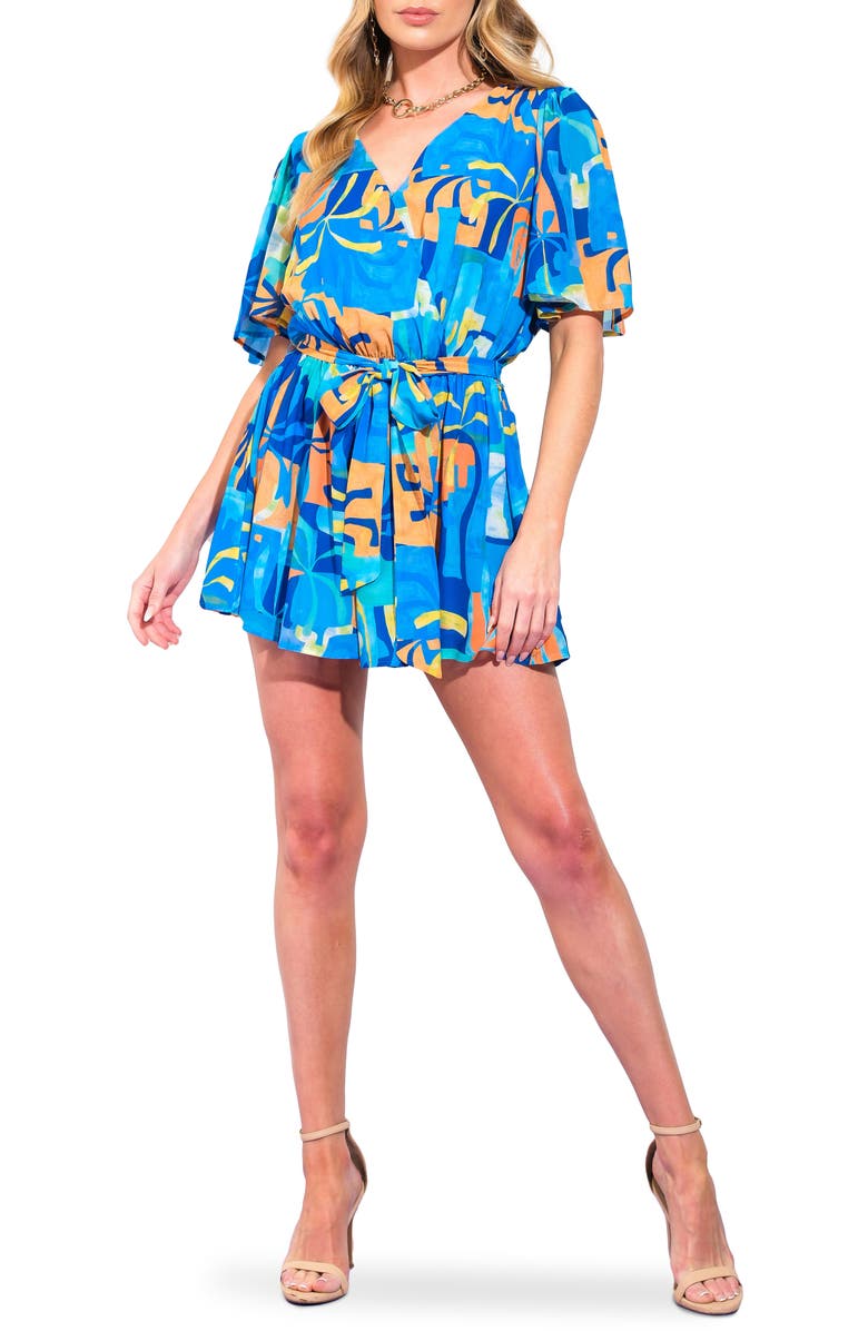FLYING TOMATO Print Tie Waist Romper, Main, color, Navy Blue