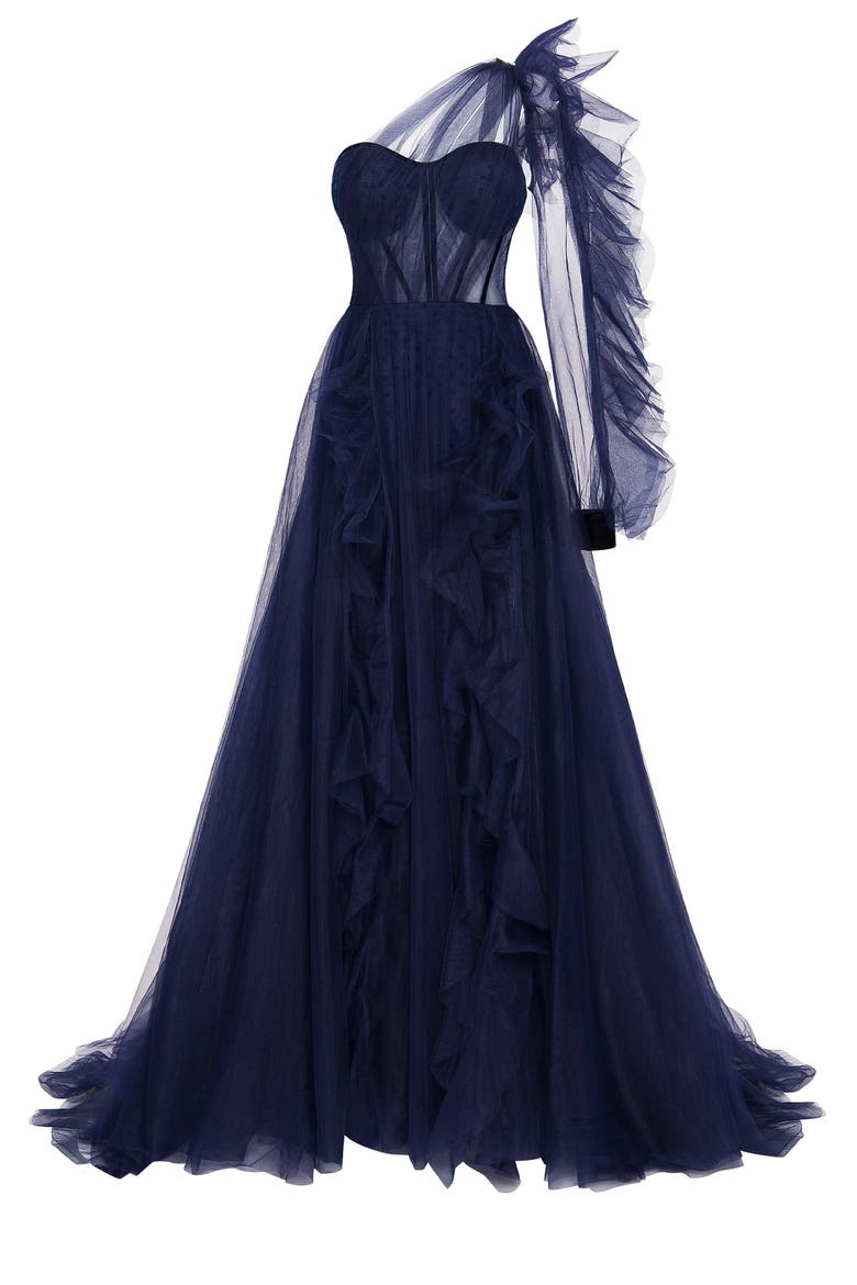 Royal Navy Tulle Gown With Detachable Sleeve, Main, color, Navy