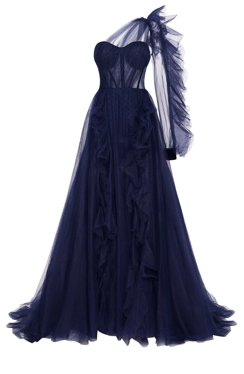 Milla Royal Navy Tulle Gown With Detachable Sleeve, Main, color,