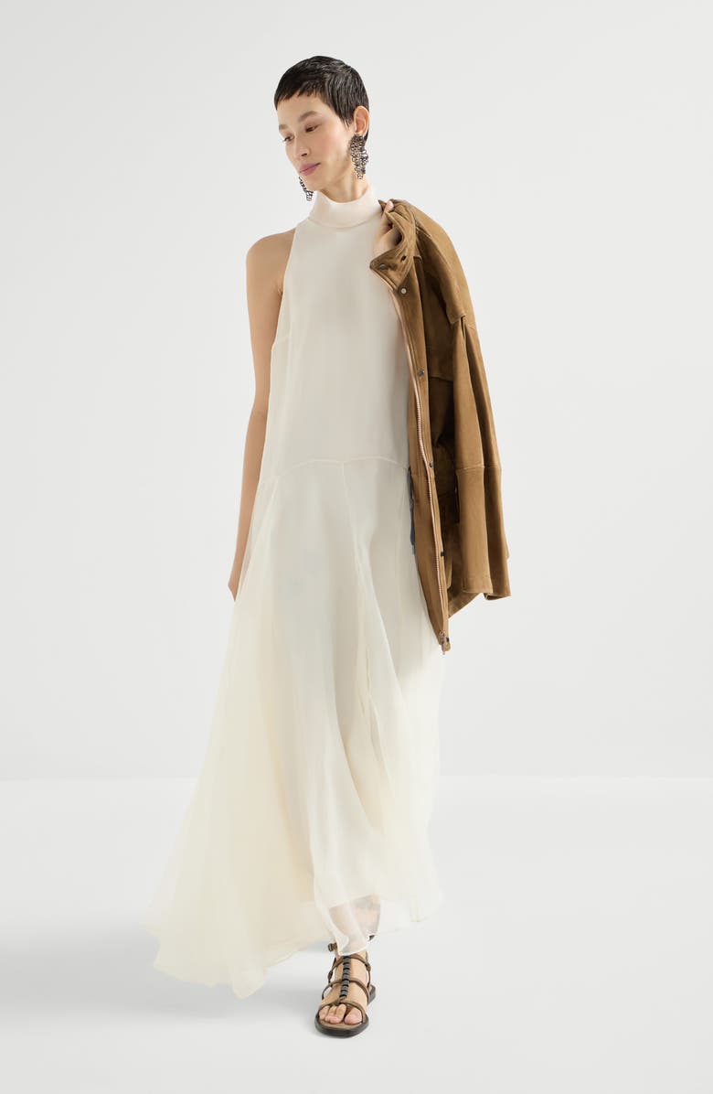 Brunello Cucinelli Crispy silk dress with monili, Alternate, color, Butter