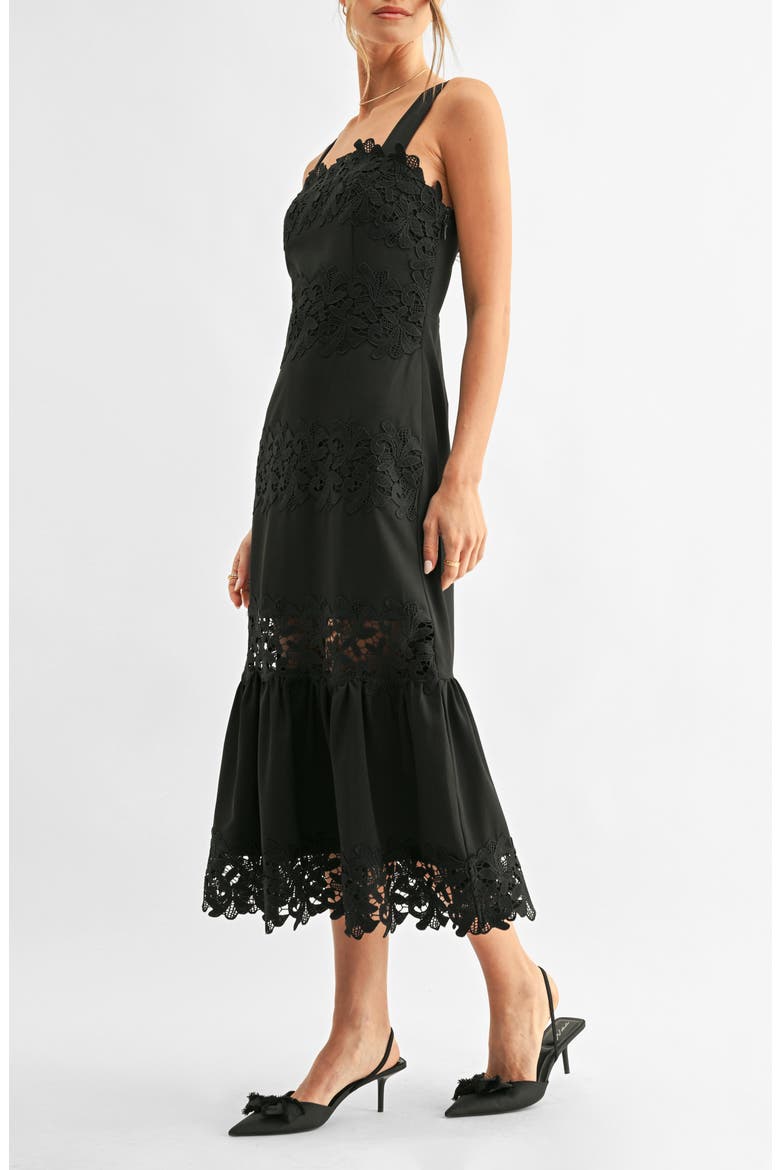 Davina Embroidered Lace Detail Midi Dress, Alternate, color, BLACK