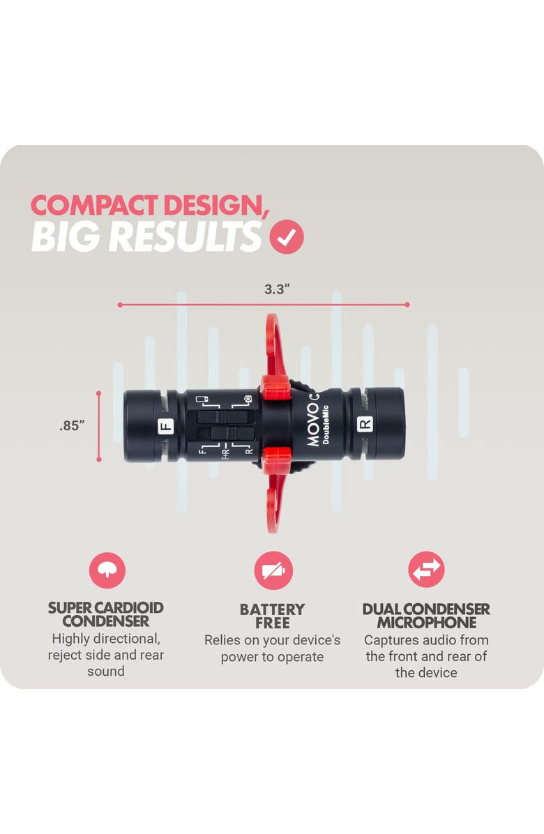 MOVO DoubleMic V2 Two-Sided Shotgun Mic for Camera Vlogging - Dual Capsule External Microphone for iPhone, Android, Smartphones and DSLR Camcorders, Alternate, color, Black