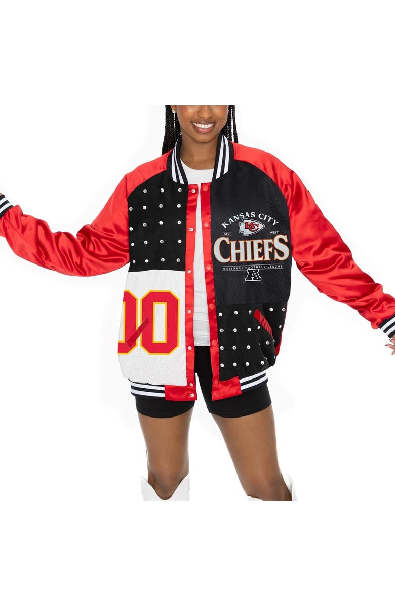 GAMEDAY COUTURE Women's Gameday Couture  Red/Black Kansas City Chiefs Oversized Hot Shot Rhinestone Throwback Full-Snap Varsity Bomber Jacket, Alternate, color, 