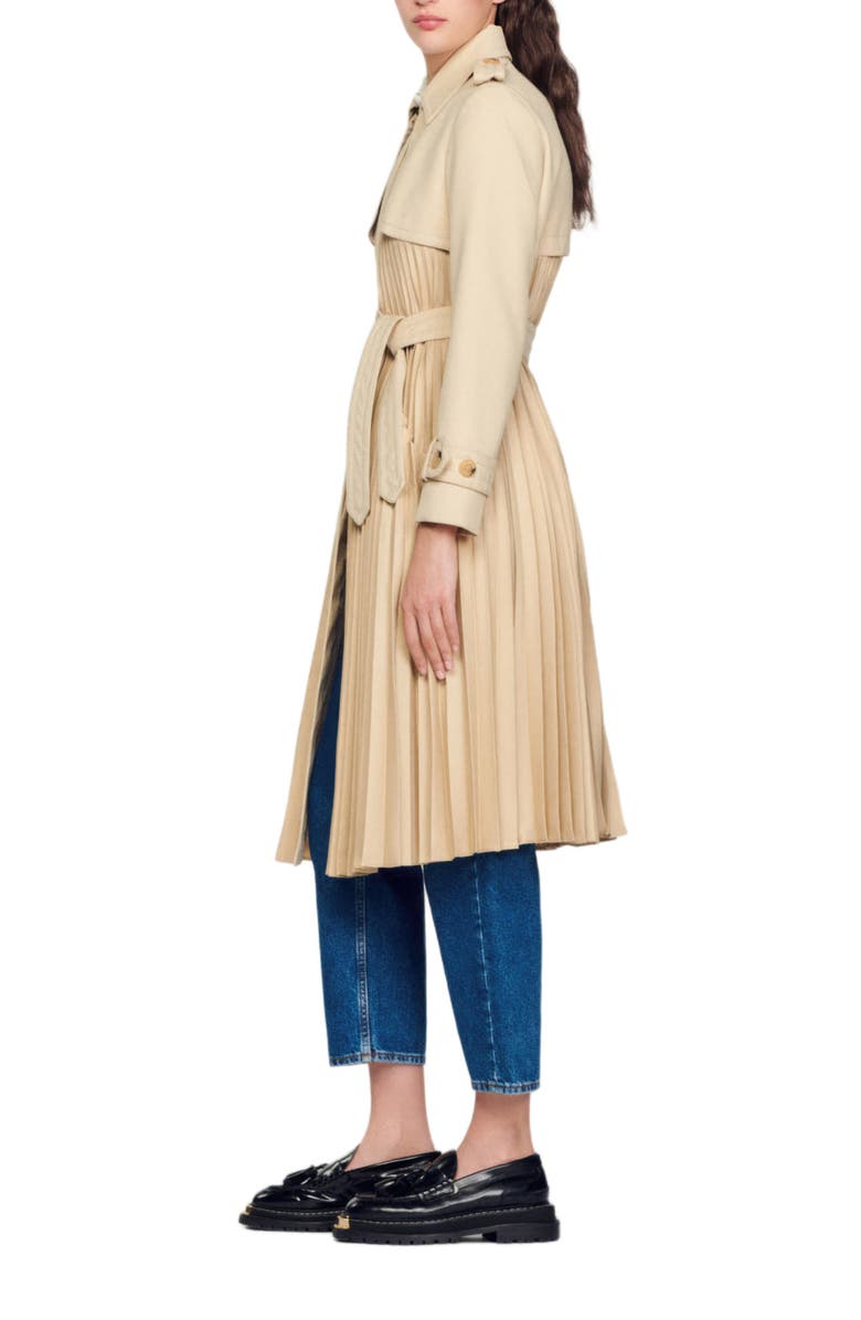 SANDRO Pleated trench coat with belt, Alternate, color, Beige