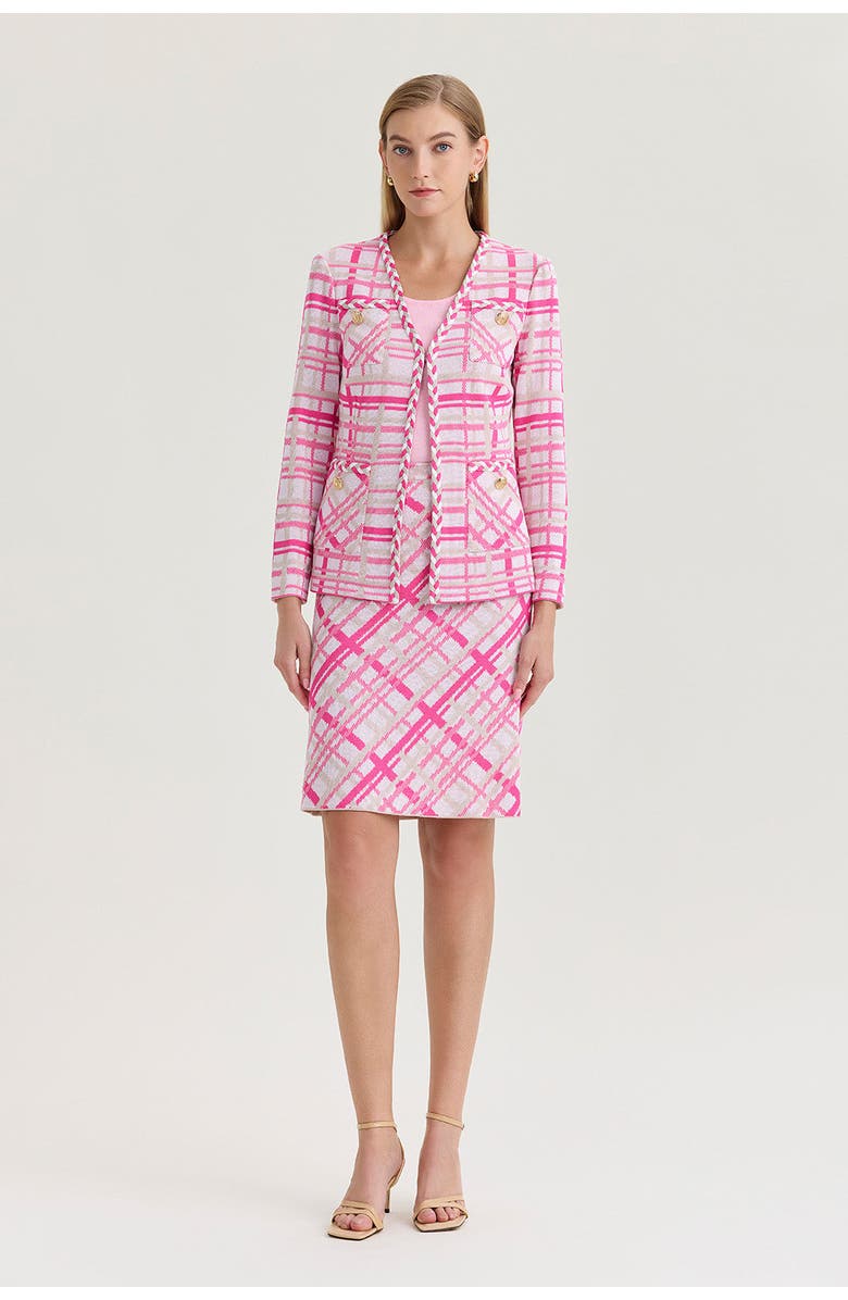 Ming Wang Heritage Braided Trim Plaid Knit Jacket, Alternate, color, Carmine Rose/Pink