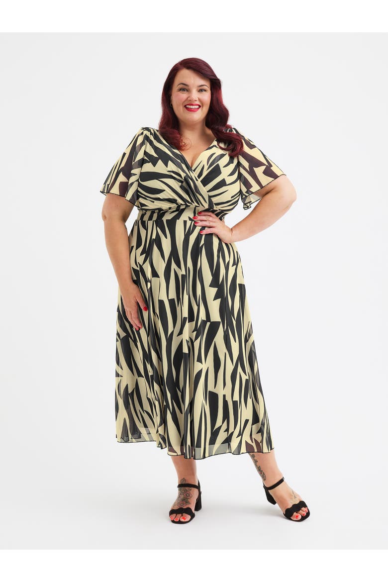 Victoria Printed Angel Sleeve Midi Dress, Main, color, Black Ivory