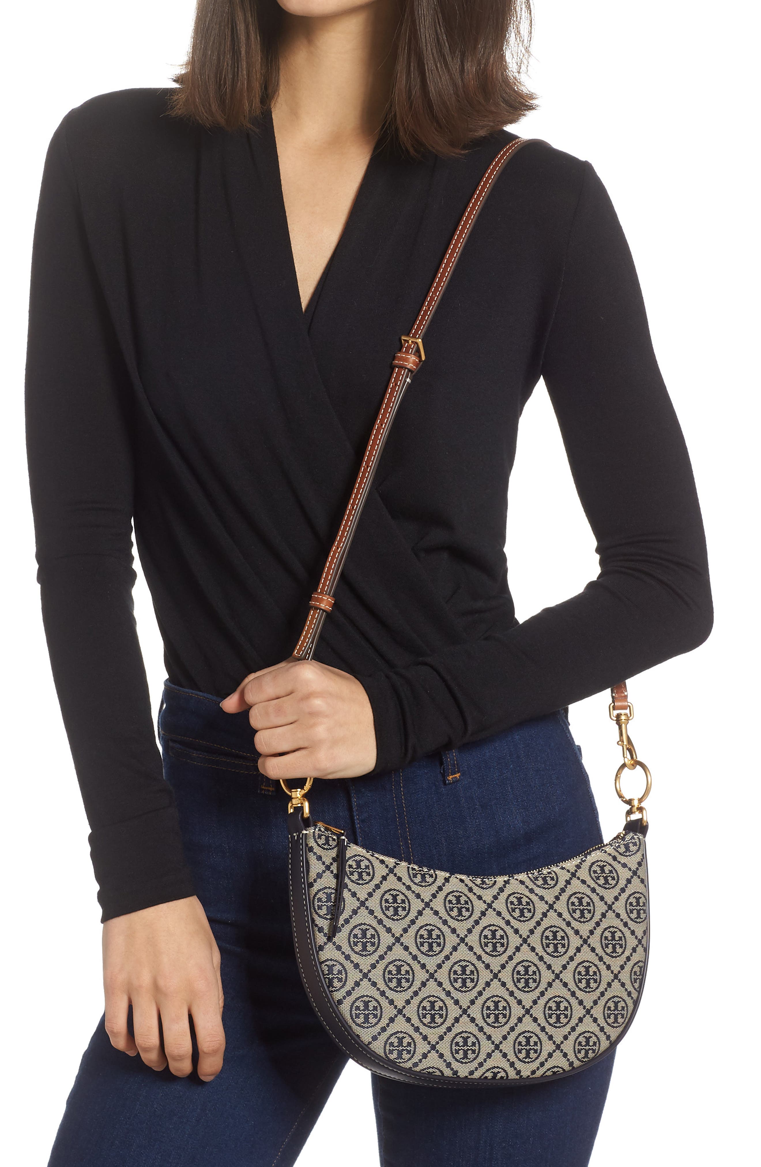 Tory Burch Mini T Monogram Jacquard Hobo Bag, Alternate, color, 