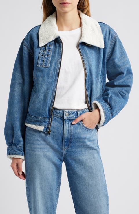 Faux Shearling Lined Denim Aviator Jacket