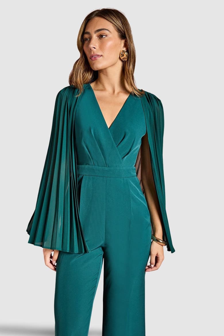 V Neck Pleated Long Sleeve Jumpsuit, Alternate, color, Emerald