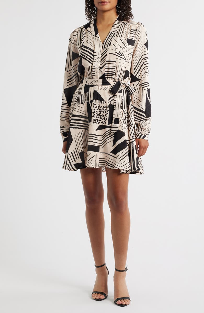 ZOE AND CLAIRE Mixed Print Long Sleeve Dress, Main, color, Taupe/ Black