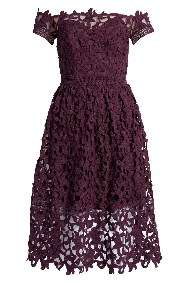 Lizana Off the Shoulder Lace Fit & Flare Dress, Alternate, color, BERRY