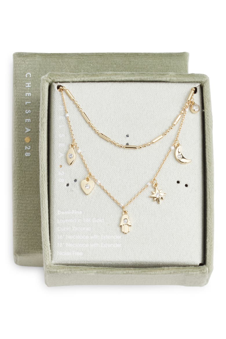 Demi Fine Evil Eye Layered Charm Necklace, Main, color, CLEAR- WHITE- GOLD