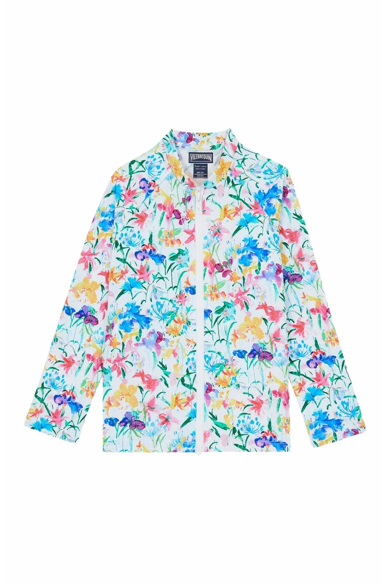 Kids' Happy Flowers Zipper Long Sleeves Rashguard, Main, color, BLANC