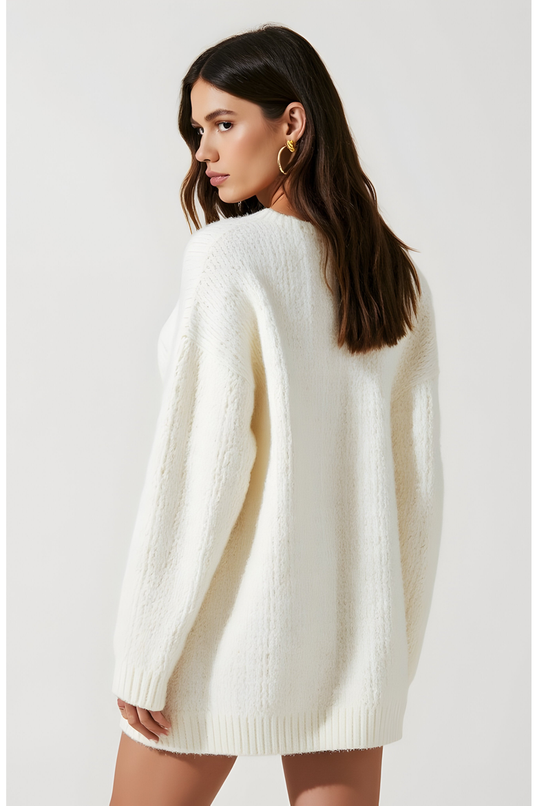 Oversized Knit Sweater Dress with Statement Bow and Ribbed Trim, Alternate, color, Ivory