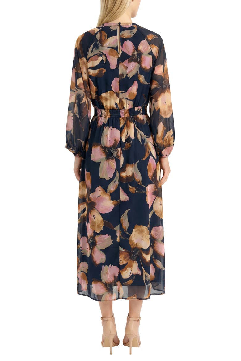 Floral Long Sleeve Chiffon Midi Dress, Alternate, color, NAVY/ ORANGE