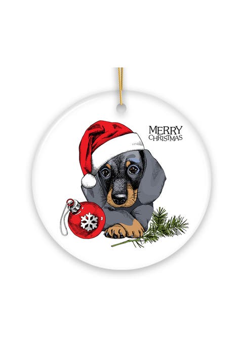 Dachshund Santa Hat Holiday Round Ceramic Ornament