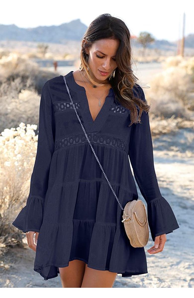 LASCANA Women's Flowy Flared Sleeve Dress, Alternate, color, Navy