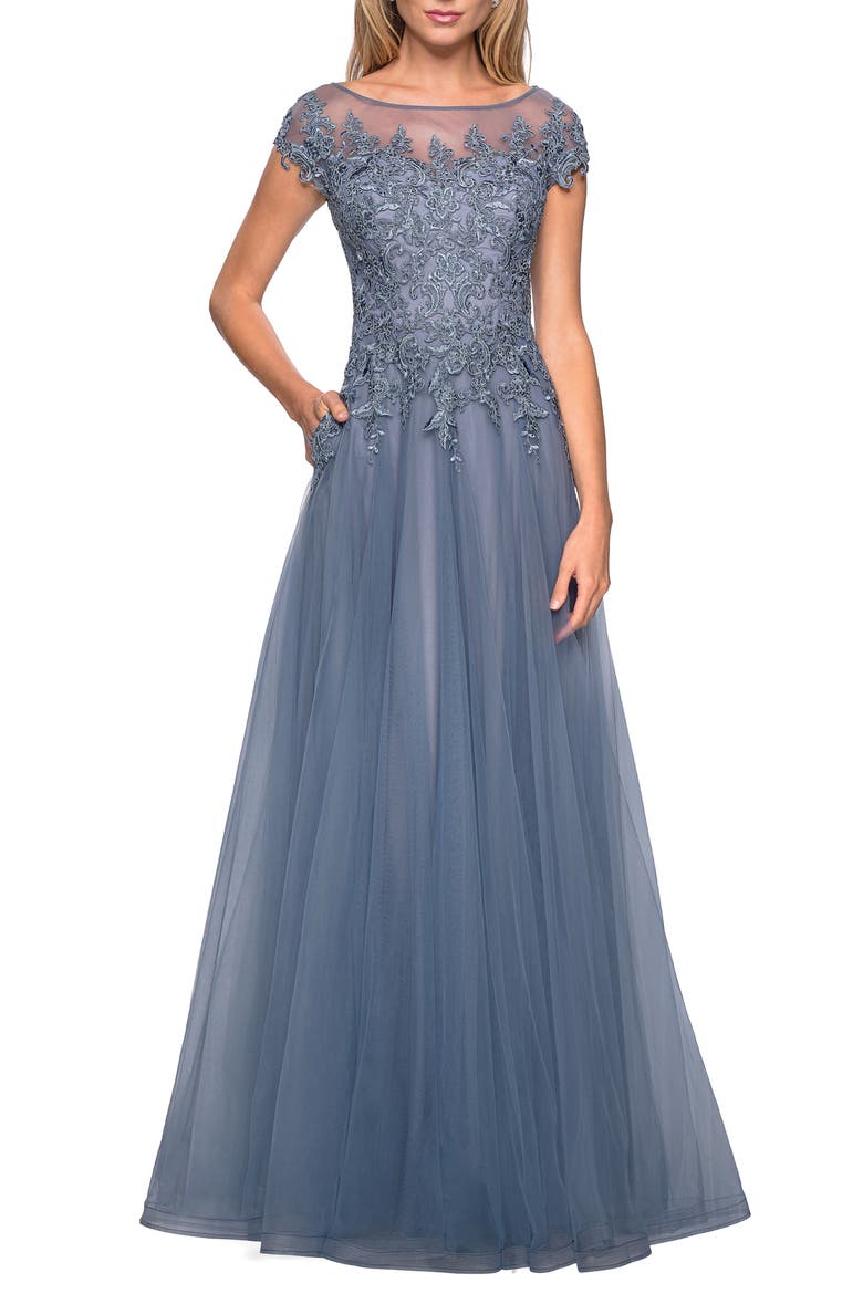 Tulle A-Line Evening Gown, Main, color, SMOKY BLUE