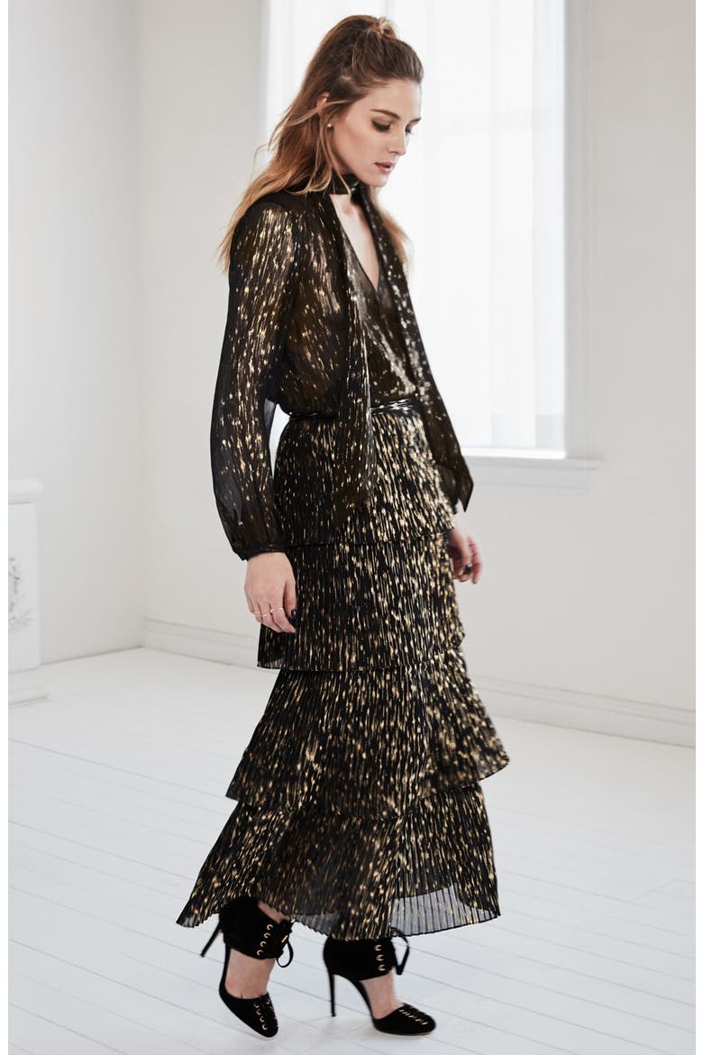 Accordion Pleat Midi Skirt, Alternate, color, BLACK- GOLD FOIL COMBO
