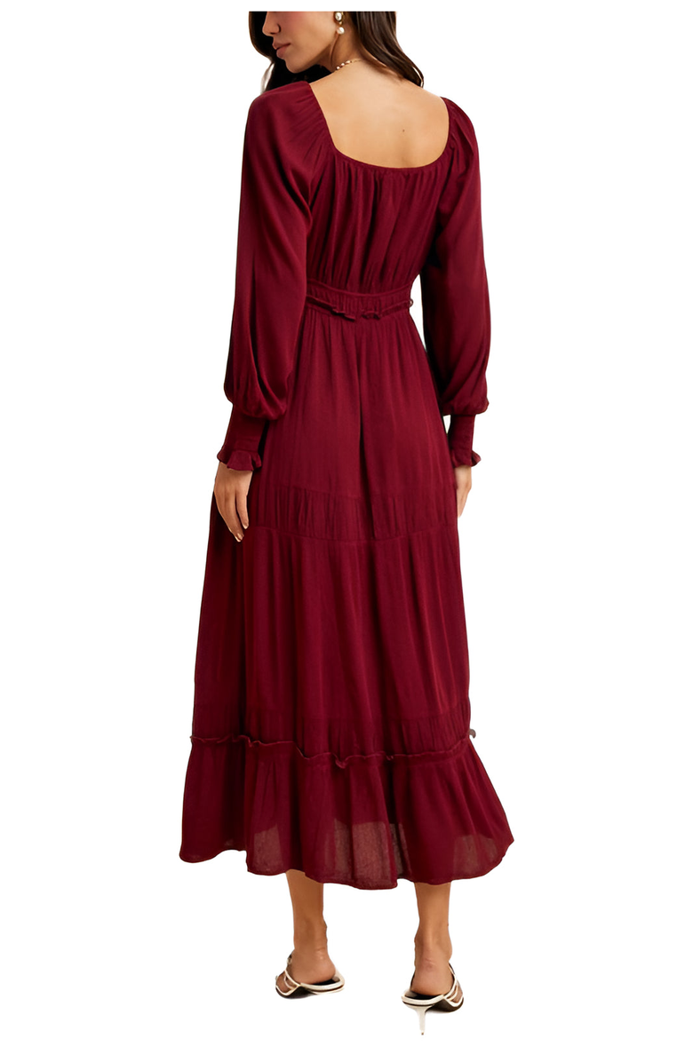Knit and Lounge Long-Sleeve Smocked Maxi Dress with Tiered Skirt, Alternate, color, Burgundy
