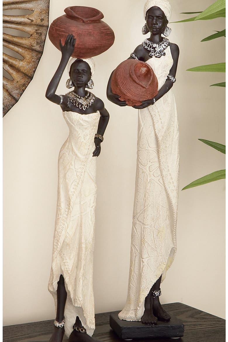 Cream Polystone Standing African Woman Sculpture with Red Water Pots and Black Base - Set of 2, Alternate, color, CREAM