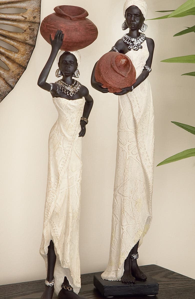 WILLOW ROW Cream Polystone Standing African Woman Sculpture with Red Water Pots and Black Base - Set of 2, Alternate, color, 