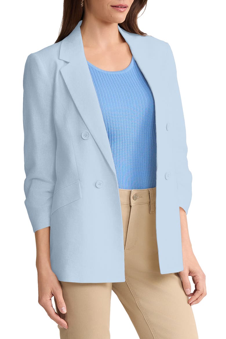 Scrunch Sleeve Faux Double Breasted Linen Jacket, Alternate, color, BREEZE BLUE