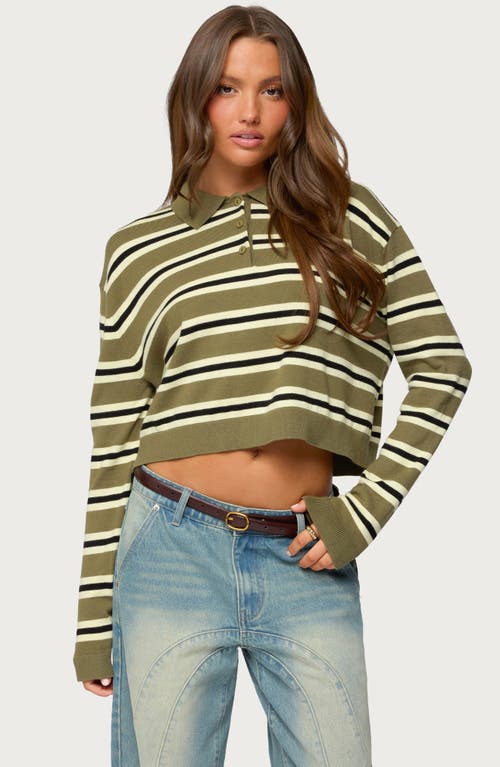 Edikted Shelby Stripe Crop Polo Sweater In Green
