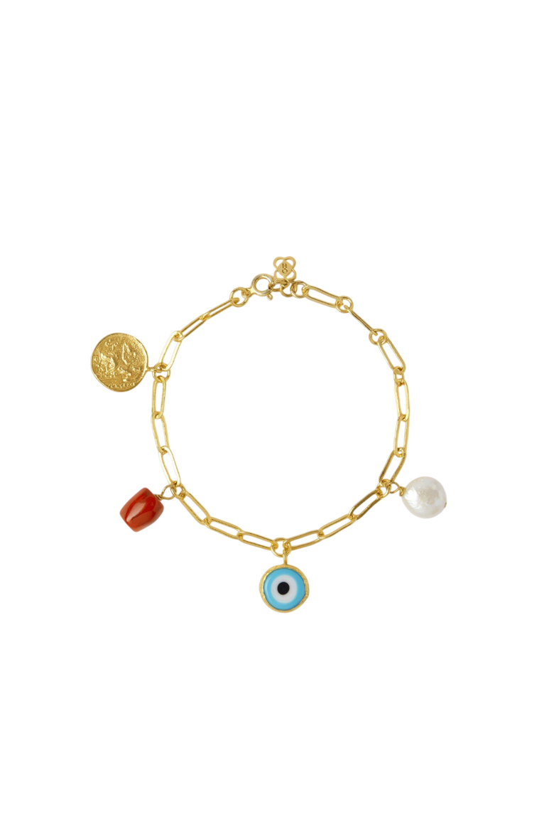 Cornicello Evil Eye and Pearl Charm Bracelet, Main, color, Gold