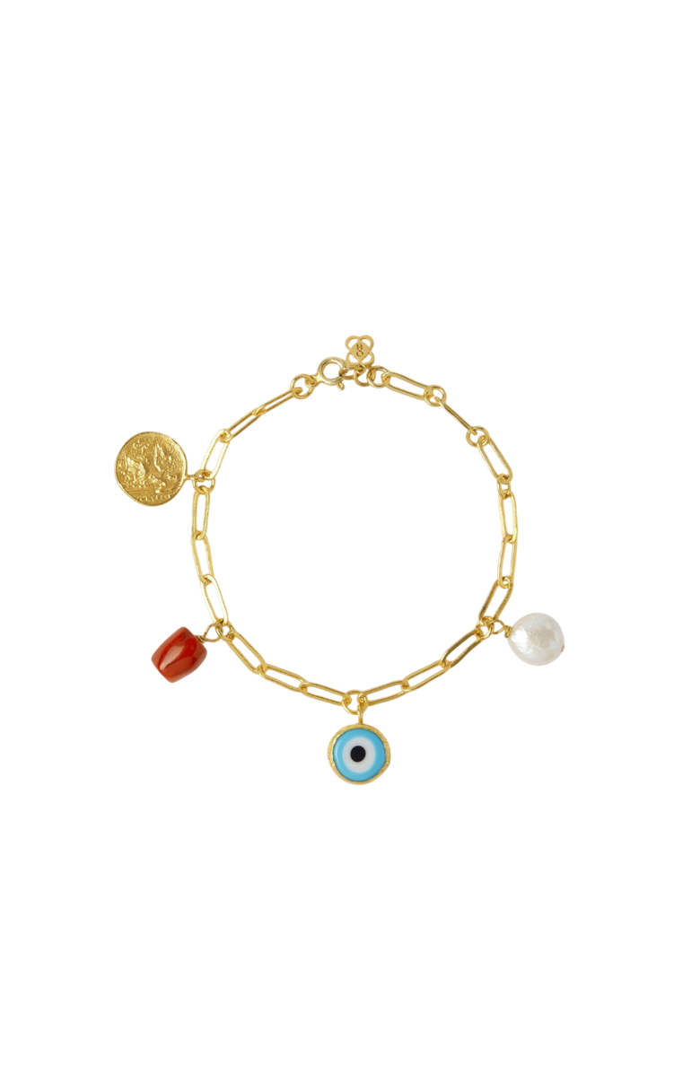 Ottoman Hands Cornicello Evil Eye and Pearl Charm Bracelet, Main, color, Gold