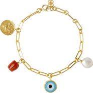 Ottoman Hands Cornicello Evil Eye and Pearl Charm Bracelet