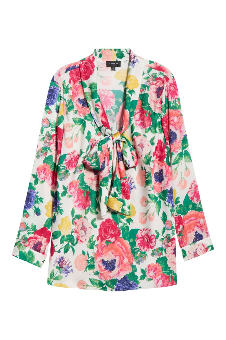 Floral Tie Neck Satin Top, Alternate, color, IVORY MULTI