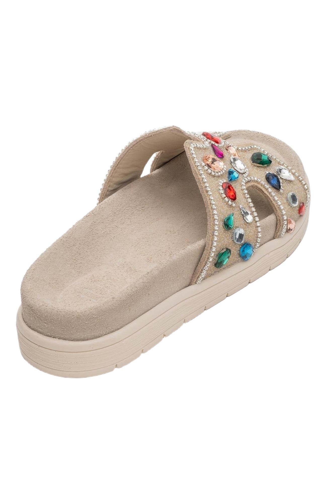 Forever 
Always Shoes Denilla Leather Embellished Slide Sandal, Alternate, color, Beige Leather