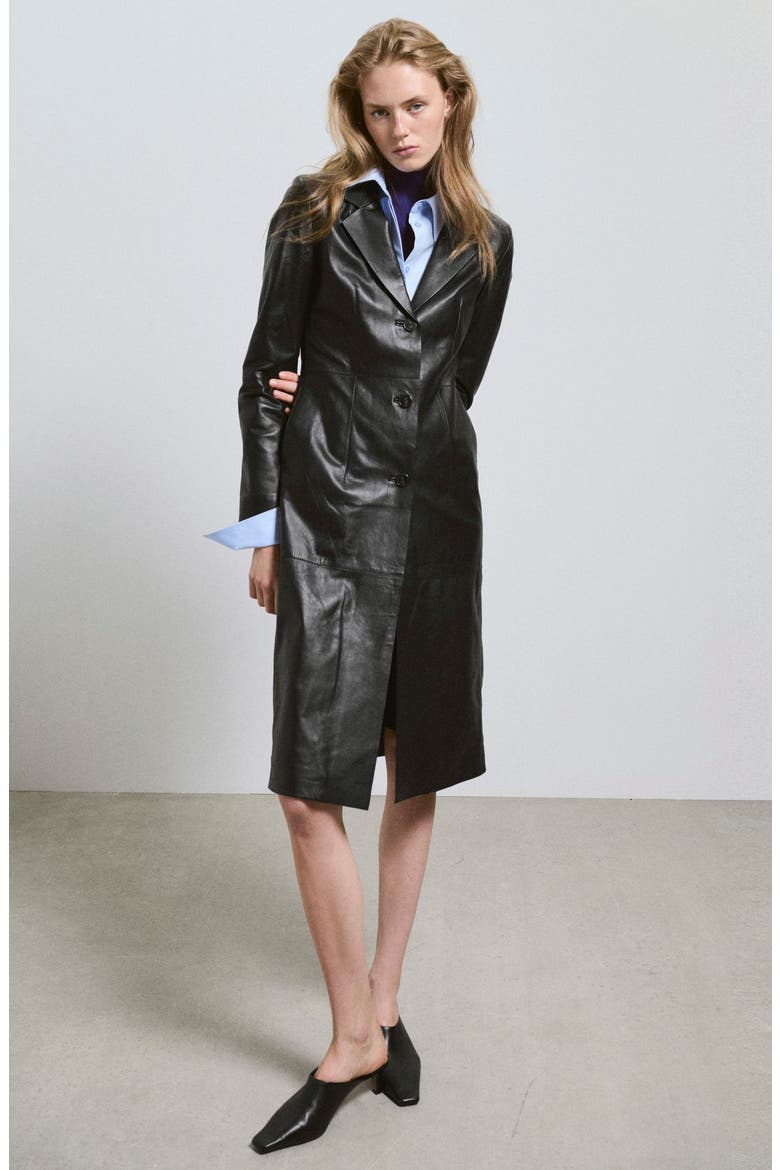 Peak Lapel Leather Coat, Alternate, color, BLACK