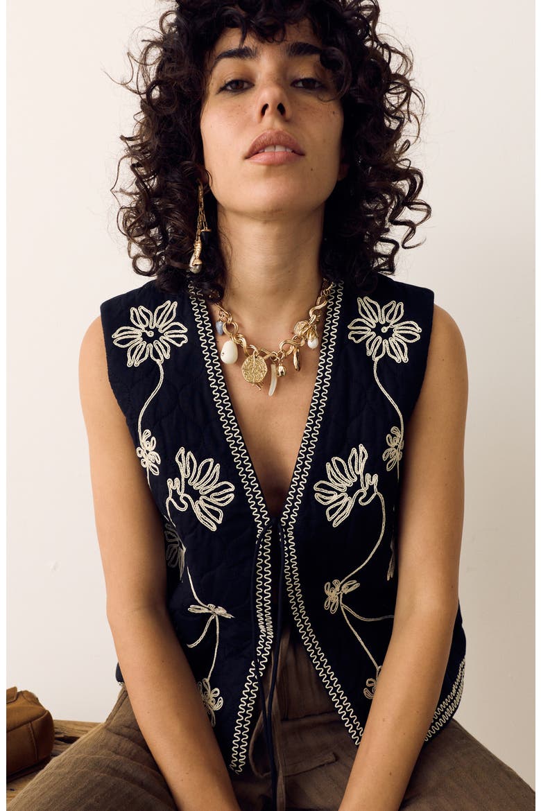 Embroidered Cotton Vest, Alternate, color, BLACK/ MULTI