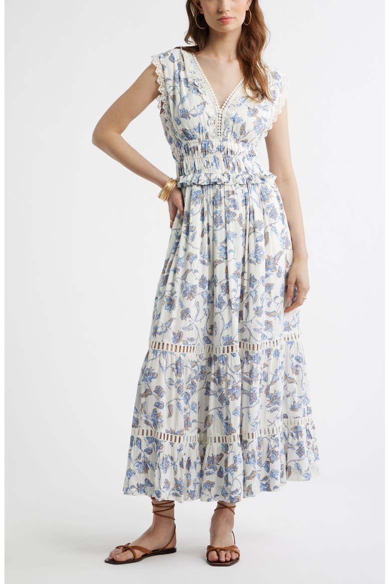 Floral Lace Trim Tiered Midi Dress, Main, color, IVORY- BLUE BOHO BLOOM