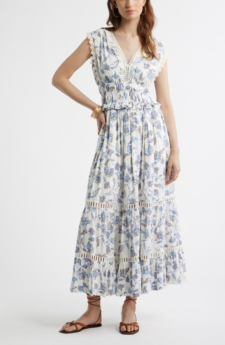 Treasure & Bond Floral Lace Trim Tiered Midi Dress, Main, color, Ivory- Blue Boho Bloom