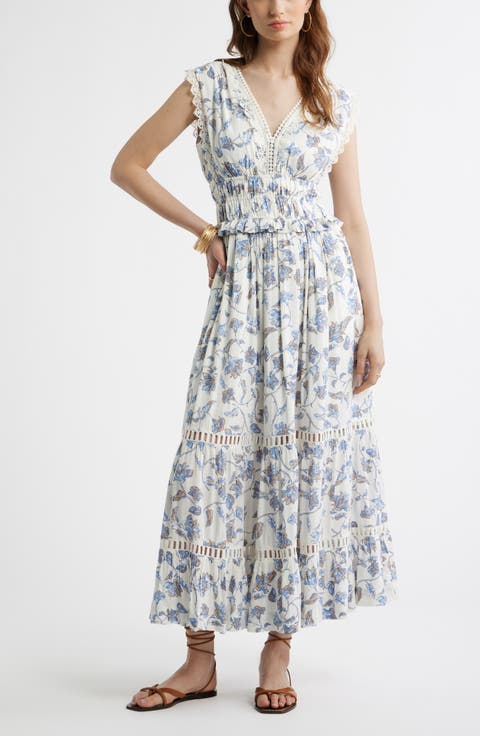 Floral Lace Trim Tiered Midi Dress