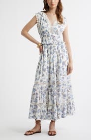 Treasure & Bond Floral Lace Trim Tiered Midi Dress