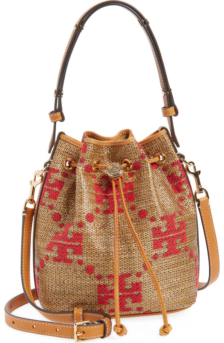 Tory Burch T Monogram Straw Bucket Bag, Main, color, Natural