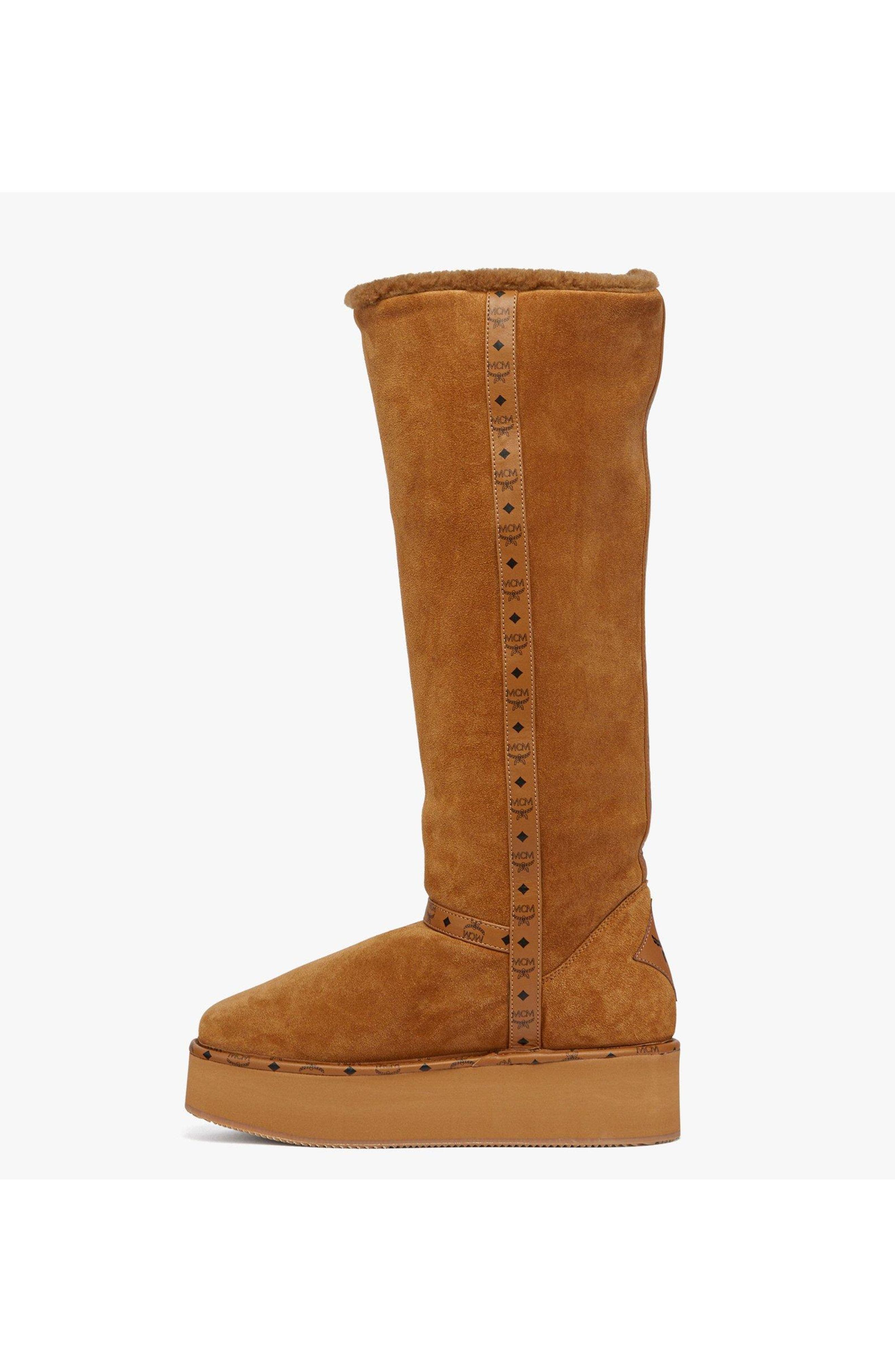 MCM Women
s Boots in Calfskin Suede Leather, Alternate, color, Cognac